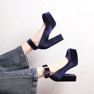 Blue Velvet Platform Heels Buckle Navy